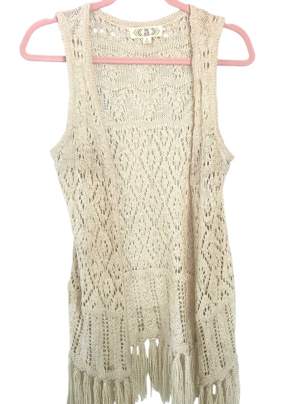 PINK ROSE Cream Boho Crochet Pointelle Knit Pattern Long Vest Tassel Fringe MED